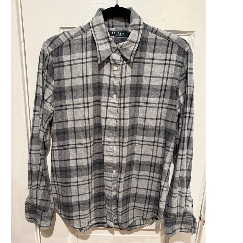 Lauren‎ Ralph Lauren Womens Grey Black Plaid Flannel Button Down Shirt Size M